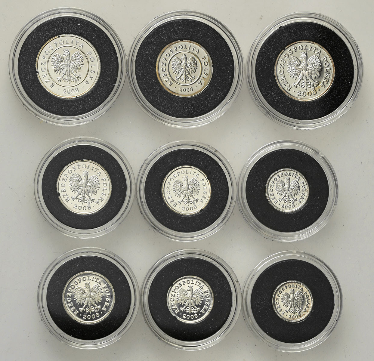 III RP. Miniatury polskich monet obiegowych 1 grosz - 5 złotych 2008 SREBRO zestaw 9 sztuk